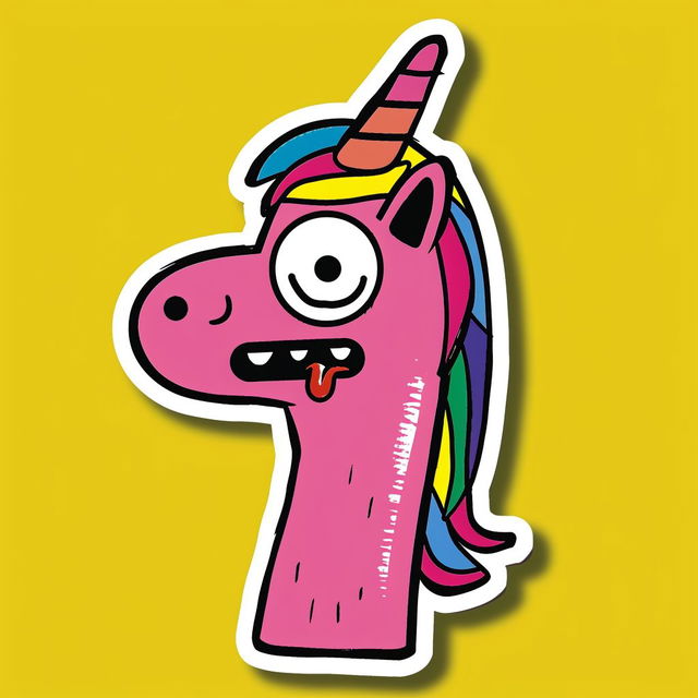 Goofy pink unicorn die-cut sticker with bold cartoon lines and bright colors on yellow, Midjourney V6.0