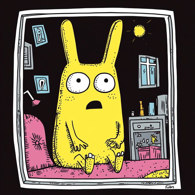 Yellow rabbit character in human house, Allie Brosh style, Midjourney prompt engineering, sticker creation, whimsical art.