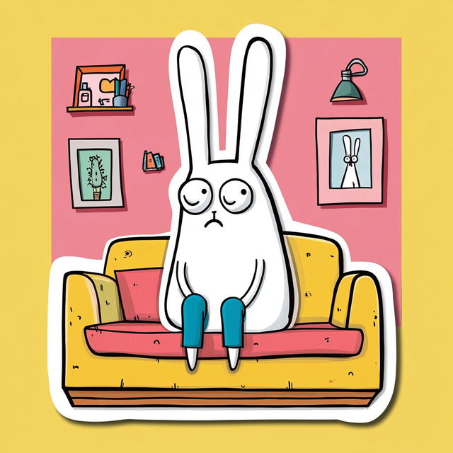 sticker upset funny rabbit in house by Allie Brosh, Midjourney prompt engineering, whimsical art style