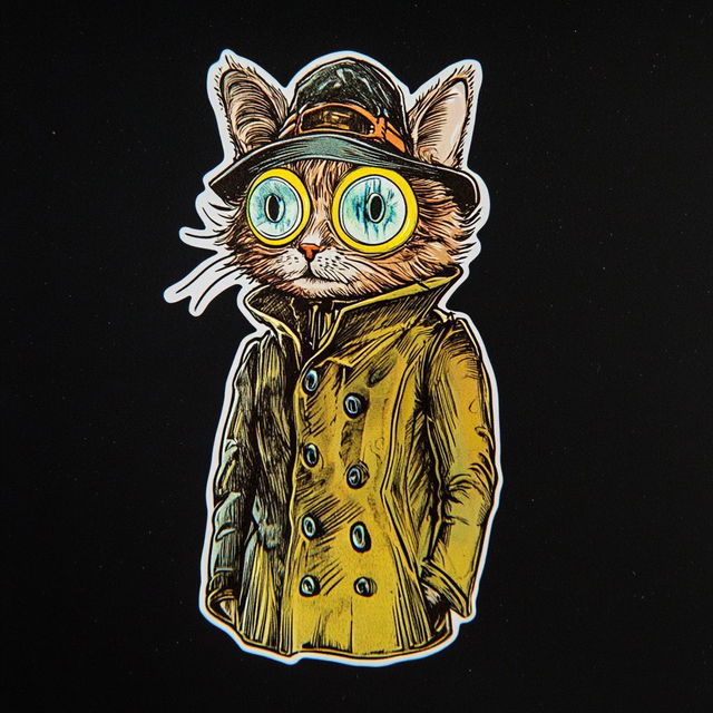 Futuristic cat in coat, hat and goggles, cut-sticker illustration in Louis Wain's style, Midjourney V6.1