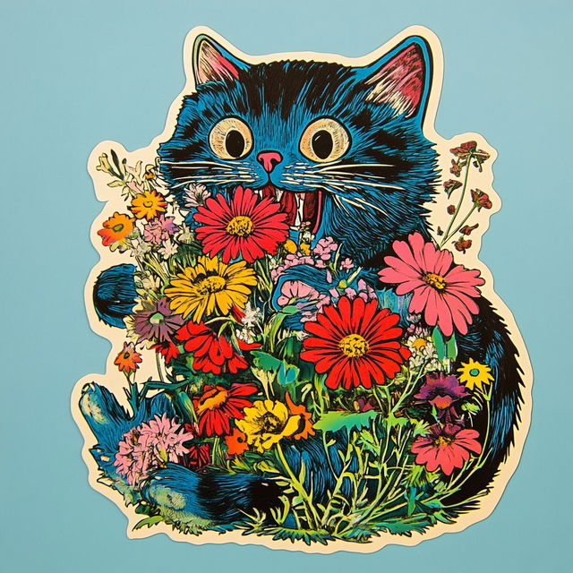 Cat eating colorful flowers as a cut sticker, in the style of Louis Wain, bold ink and bright colors, Midjourney V6.1