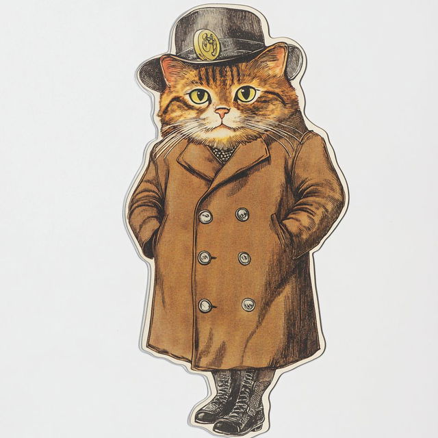 Curious cat in a coat and hat, cut sticker in the style of Louis Wain with warm inked colors, Midjourney V6.1