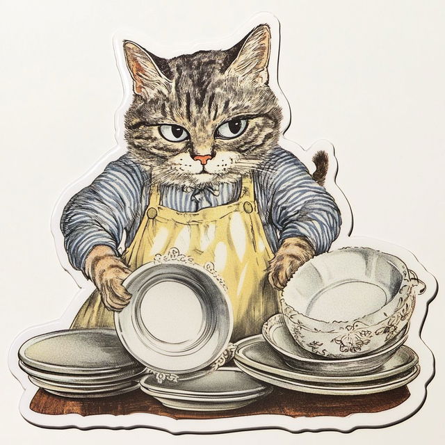 Sad cat in an apron washing dishes, cut sticker in Louis Wain's style with warm ink colors, Midjourney V6.1
