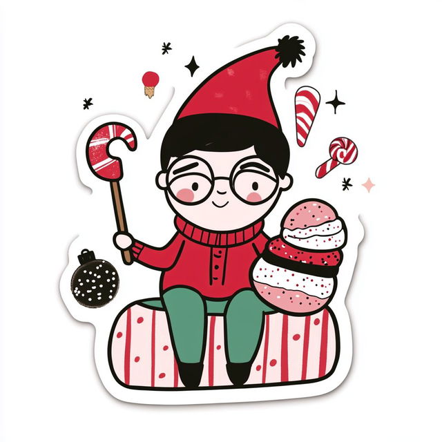 Child in a red hat holding candy, macarons and a candy cane, cut sticker in Gemma Correll's style, Midjourney V6.1