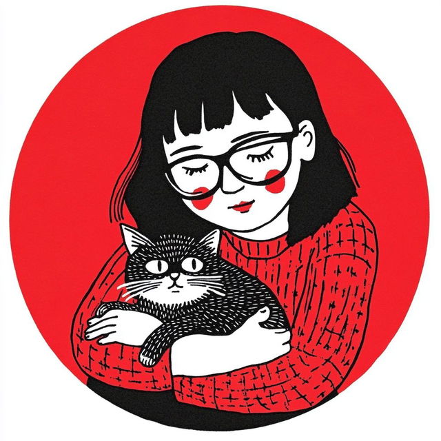 Woman in glasses cuddling a cat, in the style of Gemma Correll with bold black lines and red accents, Midjourney V6.1