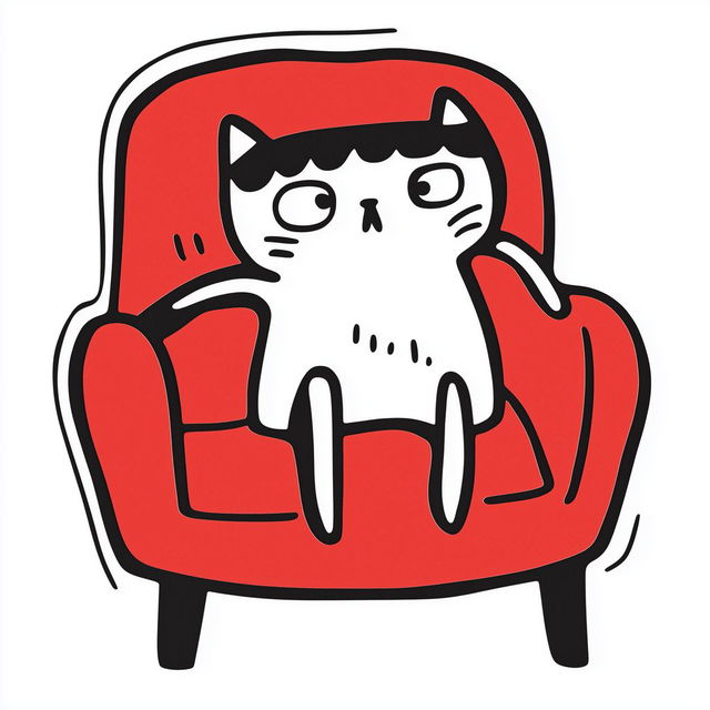 White cat lounging in a red armchair, bold cartoon sticker art with black outlines, Midjourney V6.1