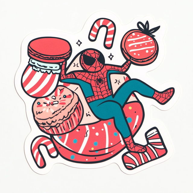 Spider-Man with macarons and candy canes, bold cartoon sticker art in red, teal, and white, Midjourney V6.1