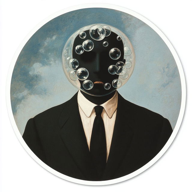 Sticker featuring René Magritte-inspired artwork of man with hidden face and bubbles, Midjourney prompt engineering techniques.