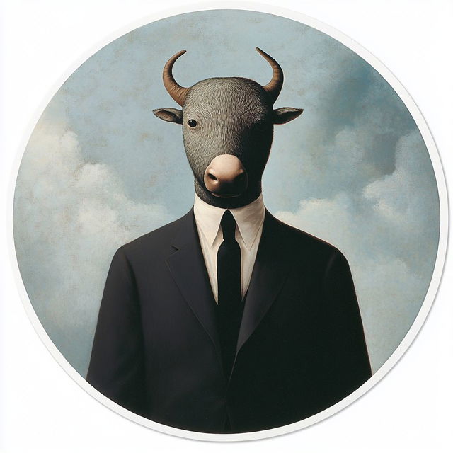 Round sticker featuring anthropomorphic bull in suit, inspired by René Magritte, created with Midjourney prompt techniques.