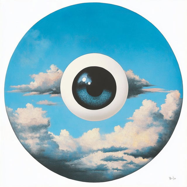 Sticker design inspired by René Magritte, featuring surreal eye and clouds, created with Midjourney prompt engineering techniques.