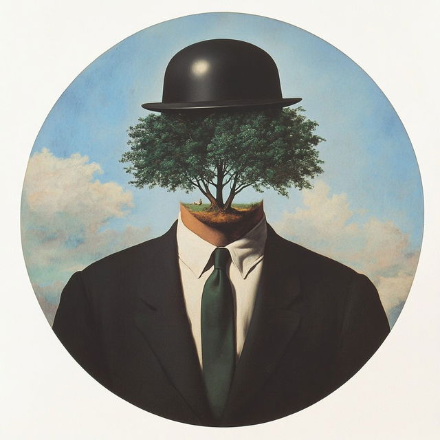 René Magritte-inspired sticker featuring surreal artwork with tree head and bowler hat, created using Midjourney prompt techniques.
