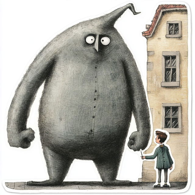 Sticker featuring giant character by Shaun Tan, boy holding stick, solid background, white borders, Midjourney prompt engineering.