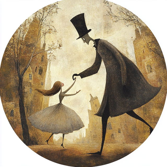 Sticker design using Midjourney prompt featuring Shaun Tan's whimsical fairy and tall figure in muted earthy tones.