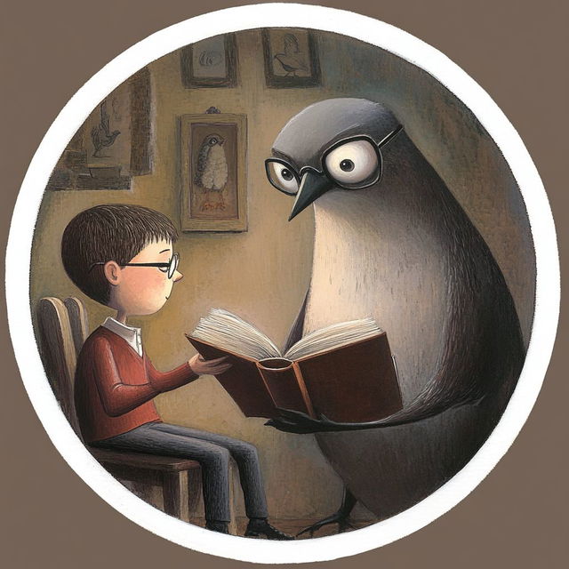 Shaun Tan sticker featuring giant sparrow reading to boy, Midjourney prompt engineering, whimsical art style.