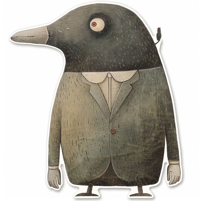 Sticker featuring Shaun Tan character in suit, Midjourney prompt engineering for unique art styles.