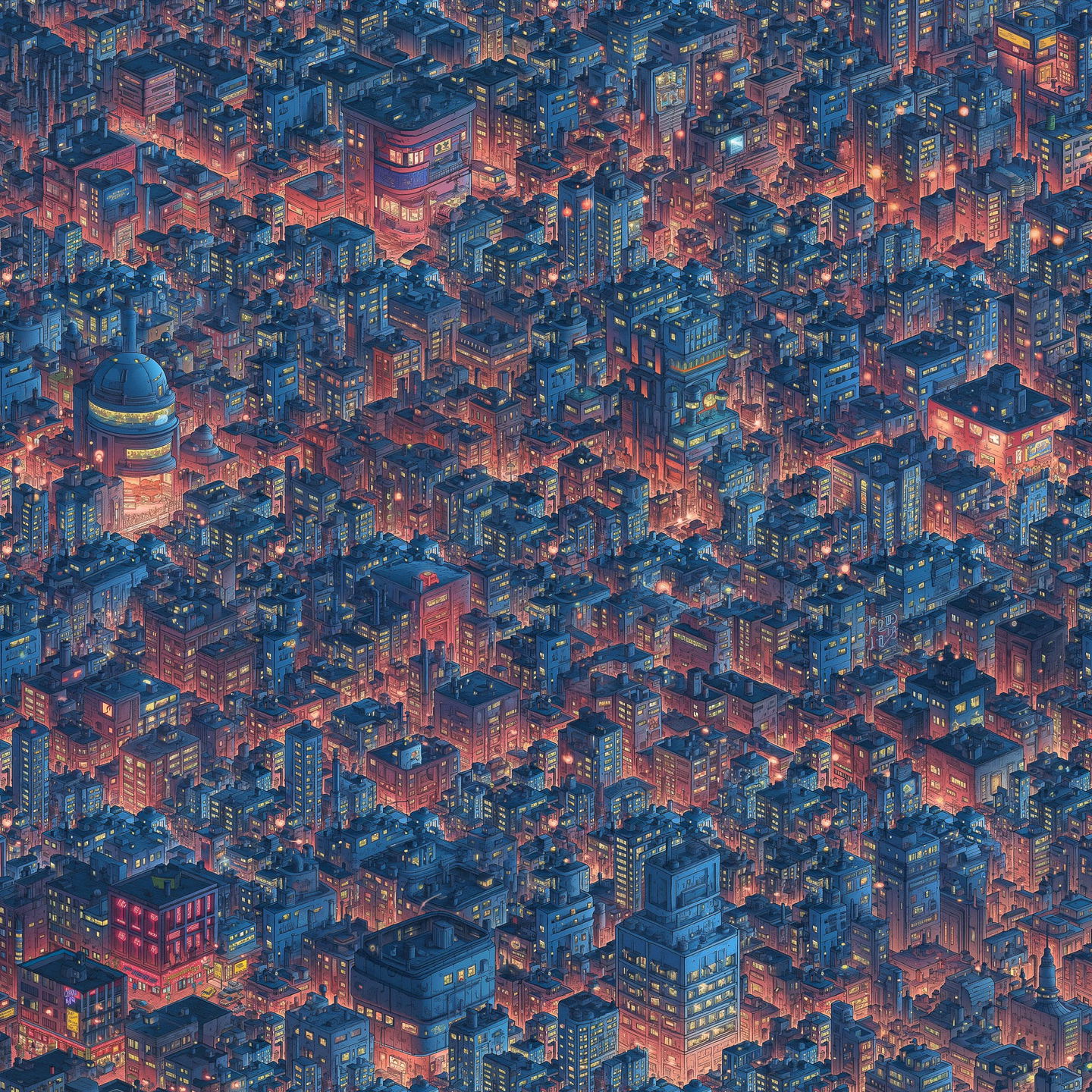 Midjourney prompt showcasing Super-Tiling technique in urban landscape, demonstrating high-resolution tiling and inpainting for seamless integration.