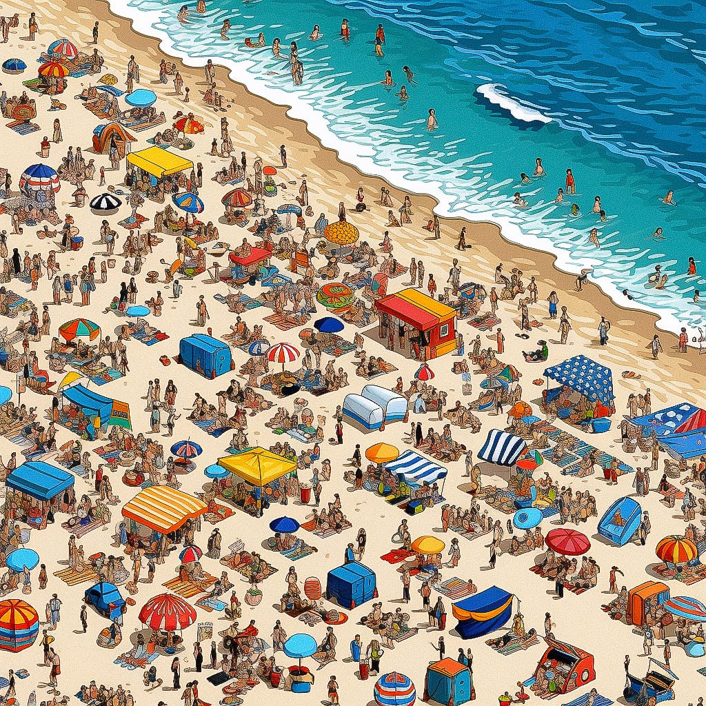 Midjourney prompt for detailed satellite view isometric beach scene, colorful crowds, Super-Tiling technique, high-resolution, --tile parameter, version 5.2.