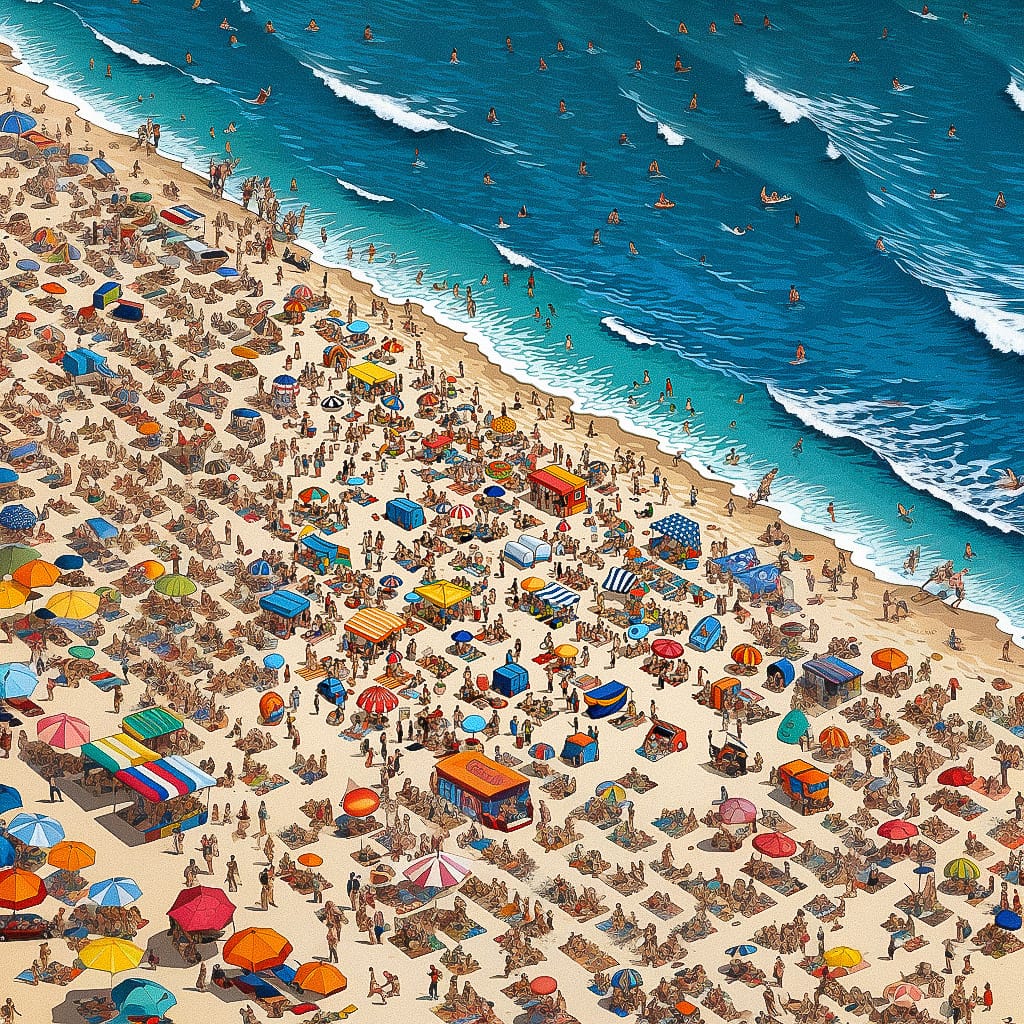 Midjourney prompt for beach scene with umbrellas, people, and ocean waves, utilizing Super-Tiling technique for high-resolution artwork.