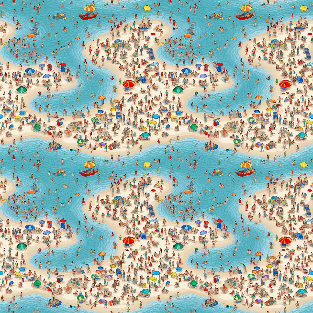 Midjourney prompt for Super-Tiling technique, detailed beach scene, colorful umbrellas, people, --tile --v 5.2 --style raw.