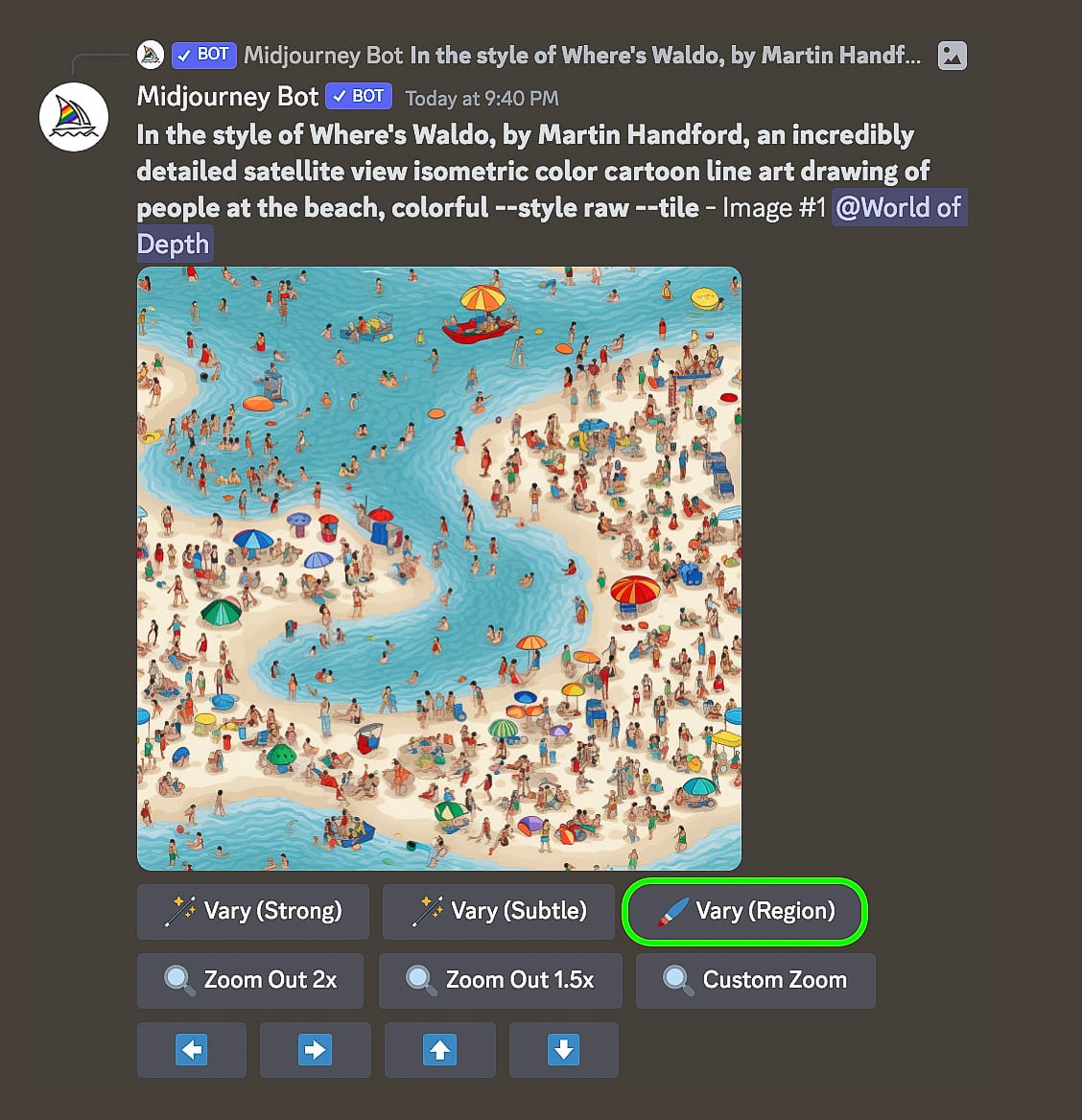 Midjourney prompt showcasing Super-Tiling technique with Vary (Region) parameter for detailed beach scene generation.