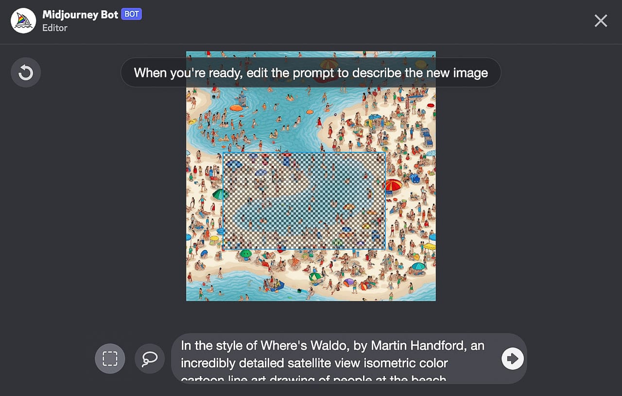 Midjourney prompt editor displaying beach scene with detailed isometric art style and tileable area for image generation.