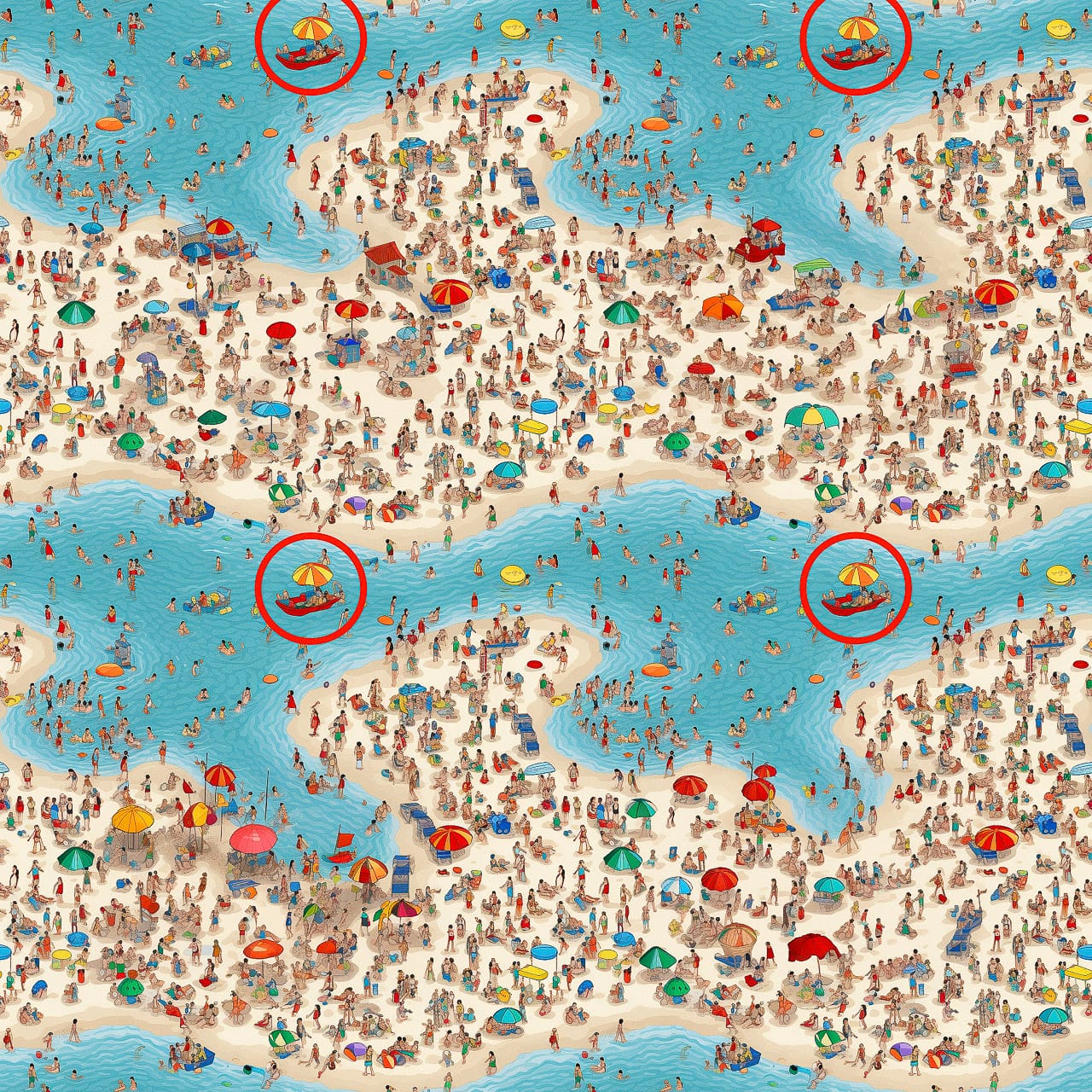 Midjourney prompt for Super-Tiling technique, showcasing high-resolution beach scene with umbrellas and crowds, emphasizing tiling and inpainting methods.