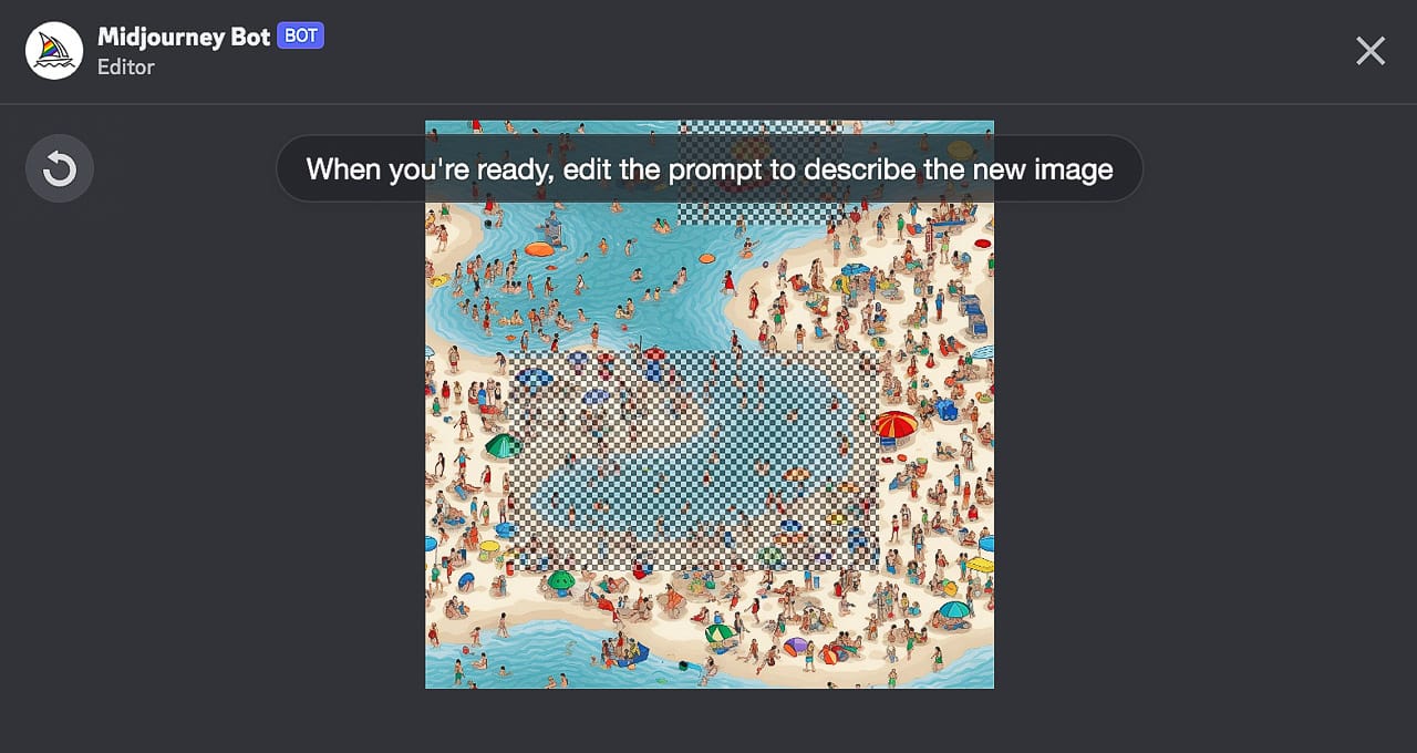 Midjourney prompt editor displaying beach scene with tiling technique and transparent area for prompt editing.