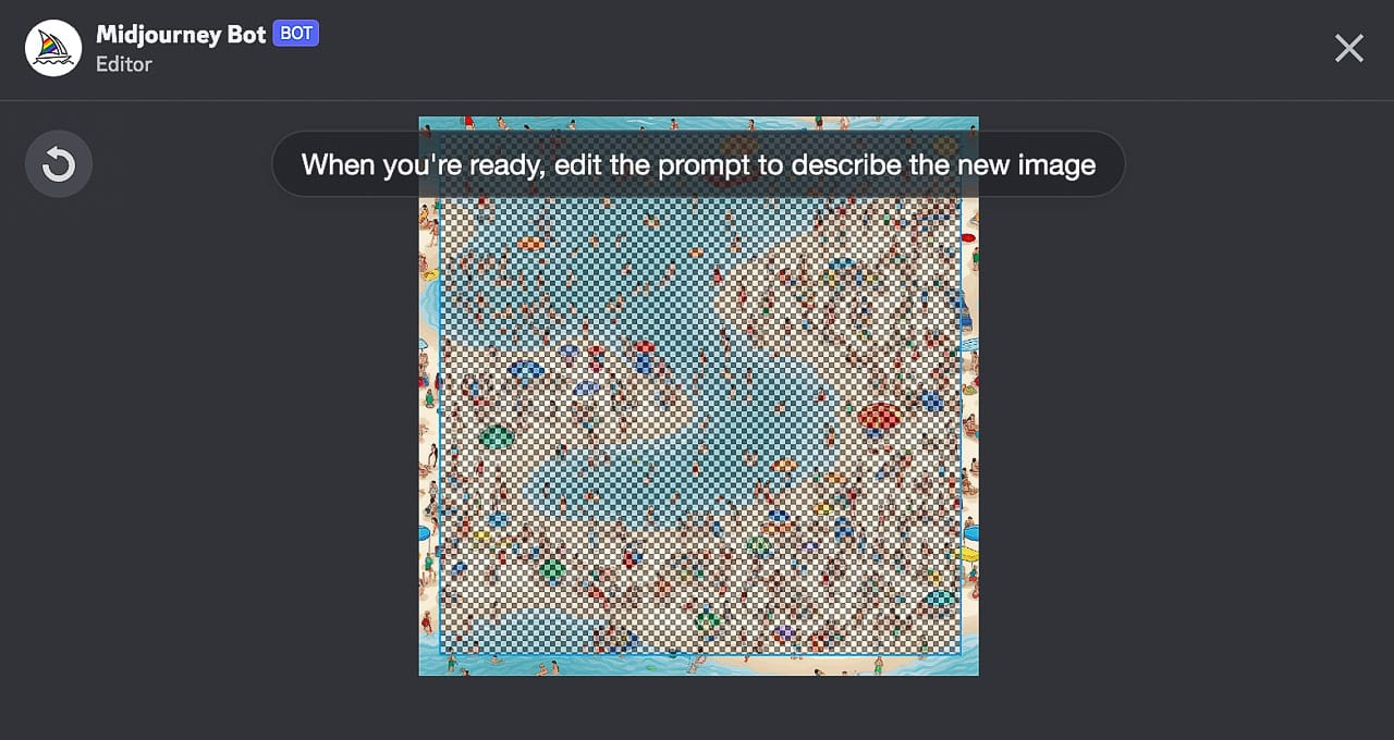 Midjourney editor window displaying prompt for high-resolution image generation using Super-Tiling technique.
