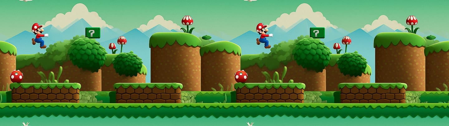 Midjourney prompt for Super-Tiling technique in video game art, showcasing Mario in high-resolution tiled landscape.