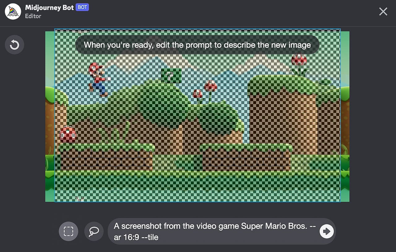 Midjourney prompt editing interface showcasing Super-Tiling technique for video game art generation.
