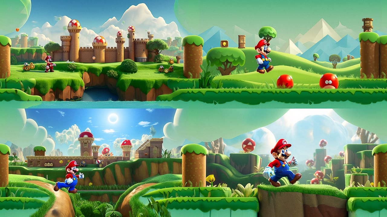 Midjourney prompt for Super-Tiling technique showcasing Mario in vibrant game landscapes, emphasizing tiling and inpainting for high-resolution images.