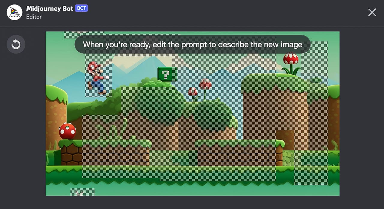 Midjourney prompt editor displaying Super-Tiling technique with inpainting, showcasing tileable image regions and prompt editing interface.