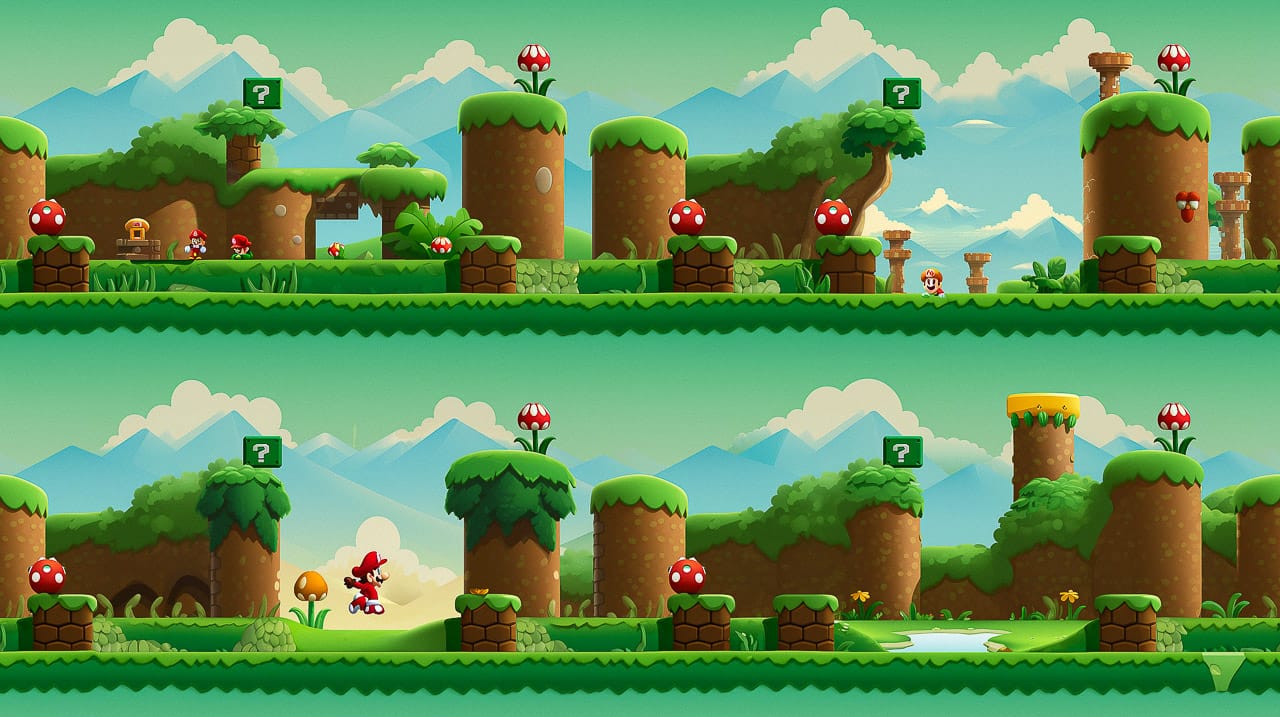 Midjourney prompt engineering for Super-Tiling technique in video game map design, showcasing horizontal and vertical tiling methods.