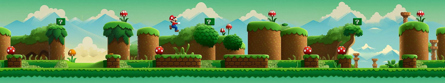 Side-scrolling platform landscape with grassy cliffs, clouds, mountains