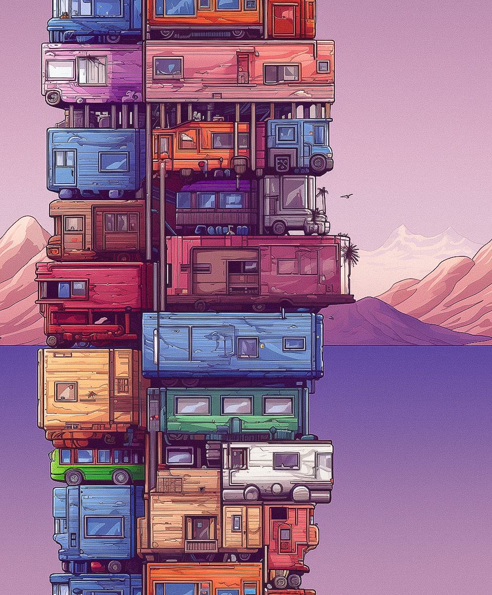 Pixel art stack of trailer homes, colorful design, Midjourney prompt with --tile, --ar 5:6, --v 5.2, --style raw.