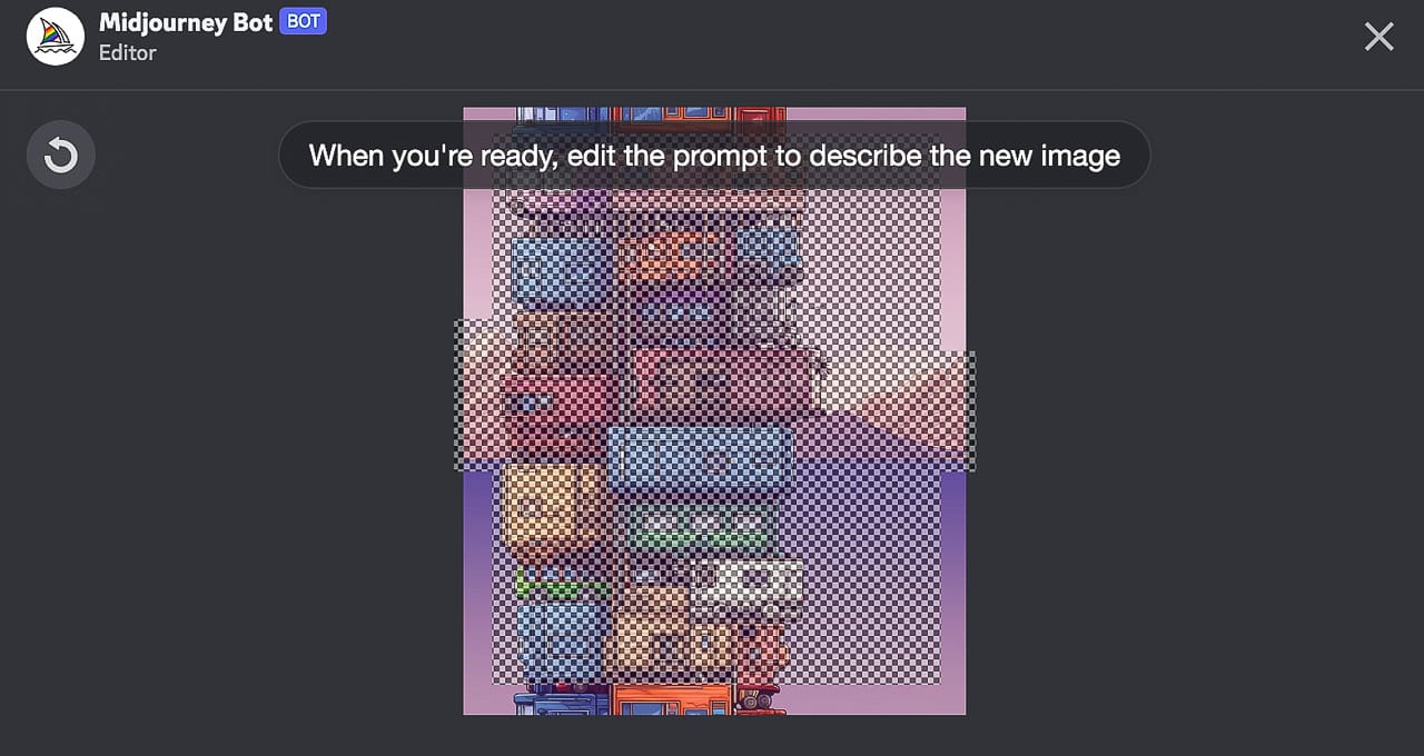 Midjourney editor window displaying prompt editing interface for image description and adjustments.