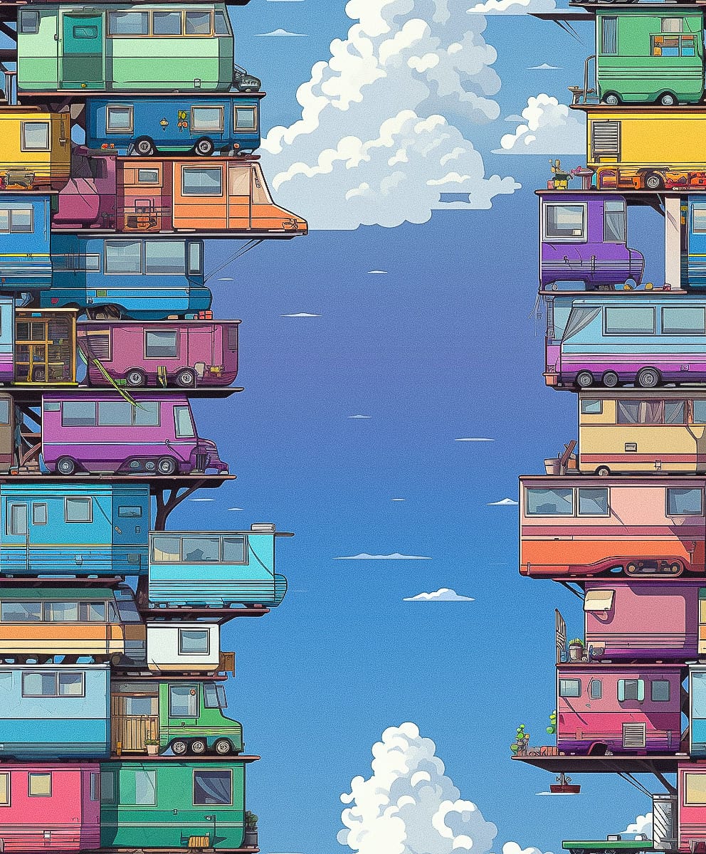 Midjourney prompt showcasing stacked colorful vehicles against blue sky, illustrating Super-Tiling technique for unique artwork.