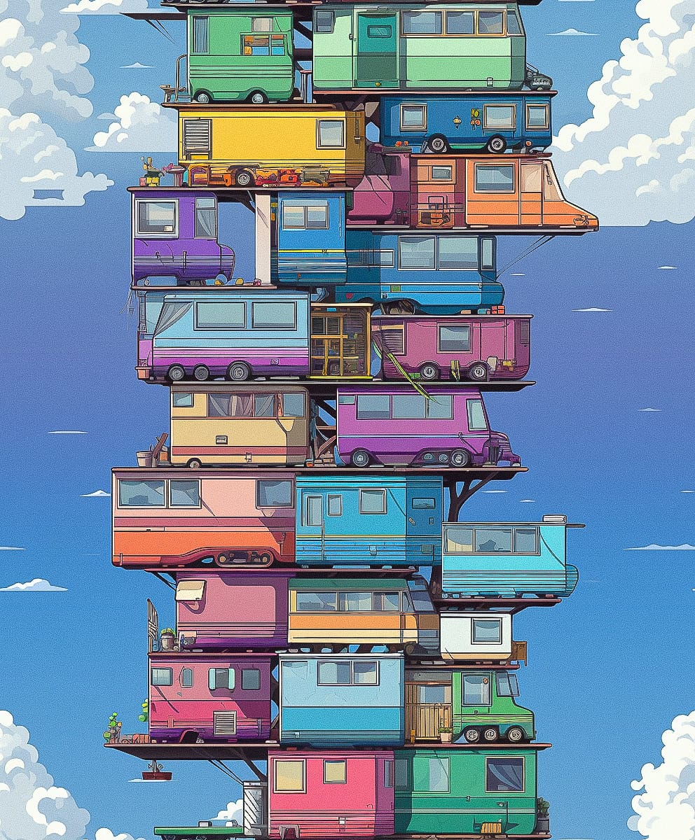 Midjourney prompt showcasing stacked colorful RVs, illustrating Super-Tiling technique for high-resolution artwork.