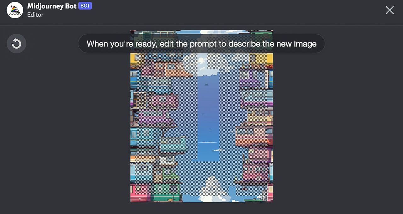 Midjourney prompt editing interface showcasing Super-Tiling technique with colorful buildings and sky background.