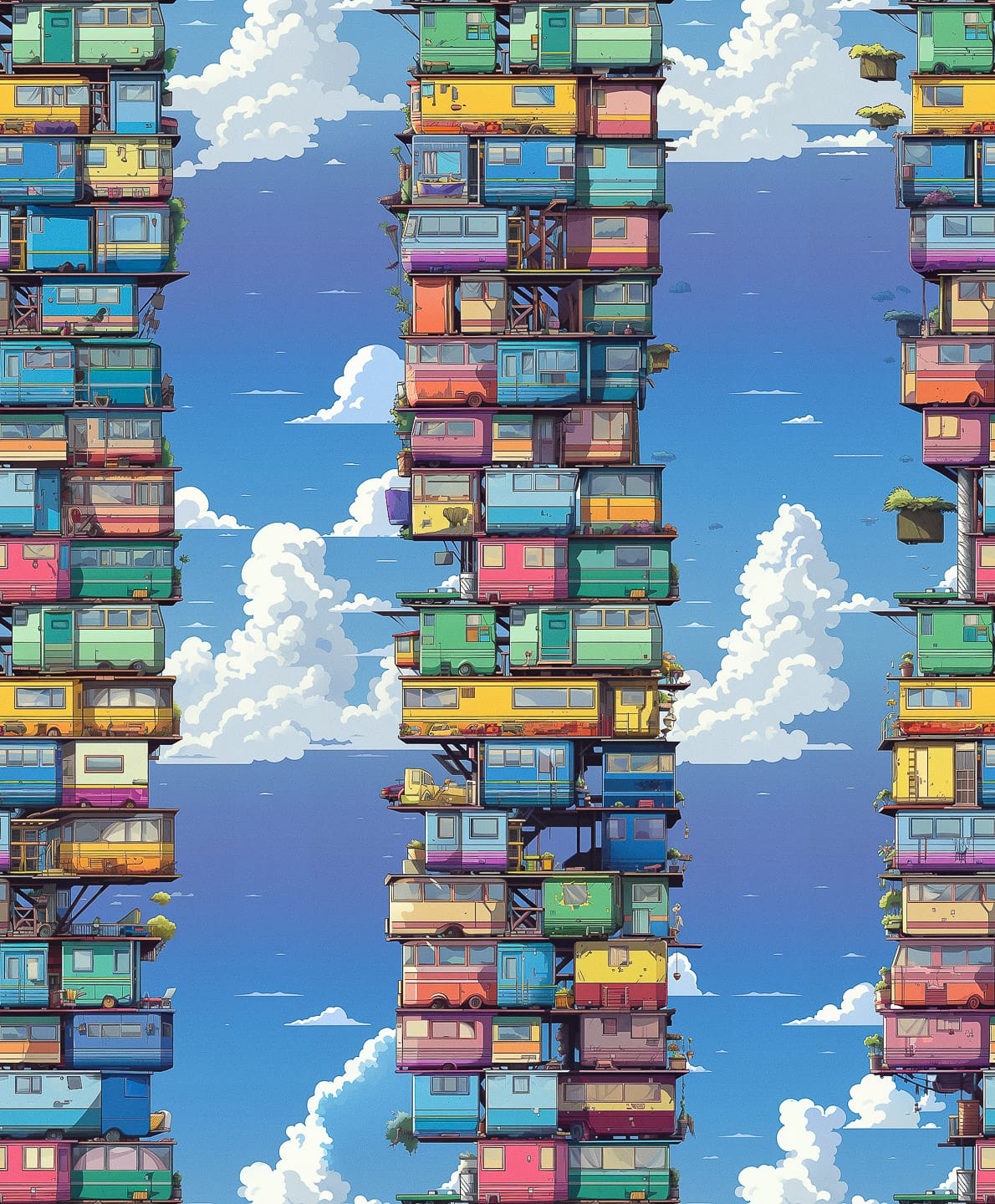 Midjourney prompt for Super-Tiling technique showcasing stacked colorful structures against blue sky and clouds.