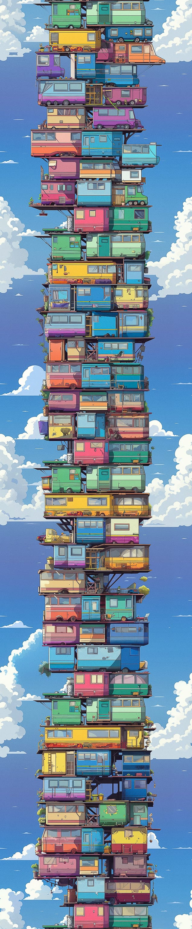 Midjourney prompt for stacked colorful houses in vertical arrangement, showcasing Super-Tiling technique for high-resolution artwork.