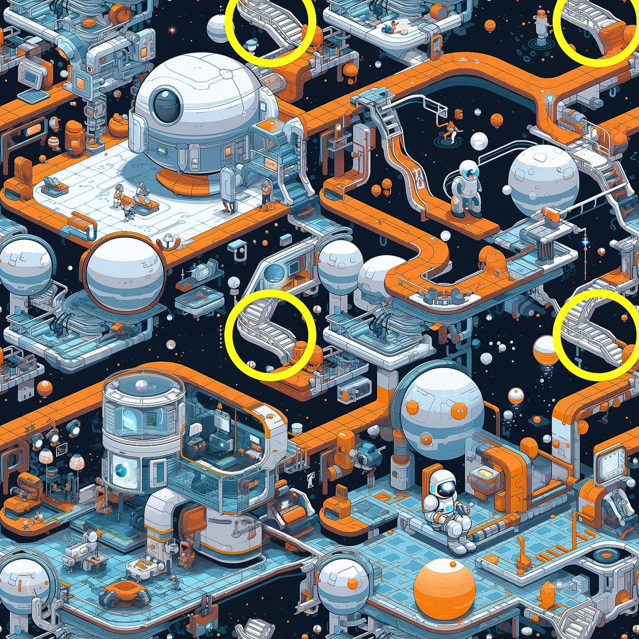 Midjourney prompt showcasing Super-Tiling technique in futuristic space environment with intricate pathways and structures.