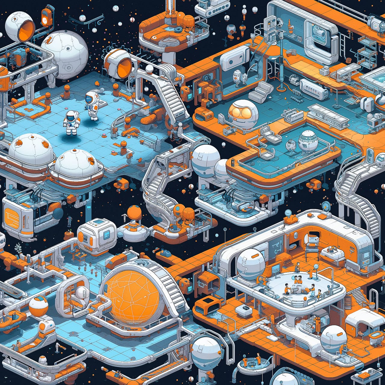 Midjourney prompt showcasing Super-Tiling technique in futuristic space scene with intricate structures and astronauts.