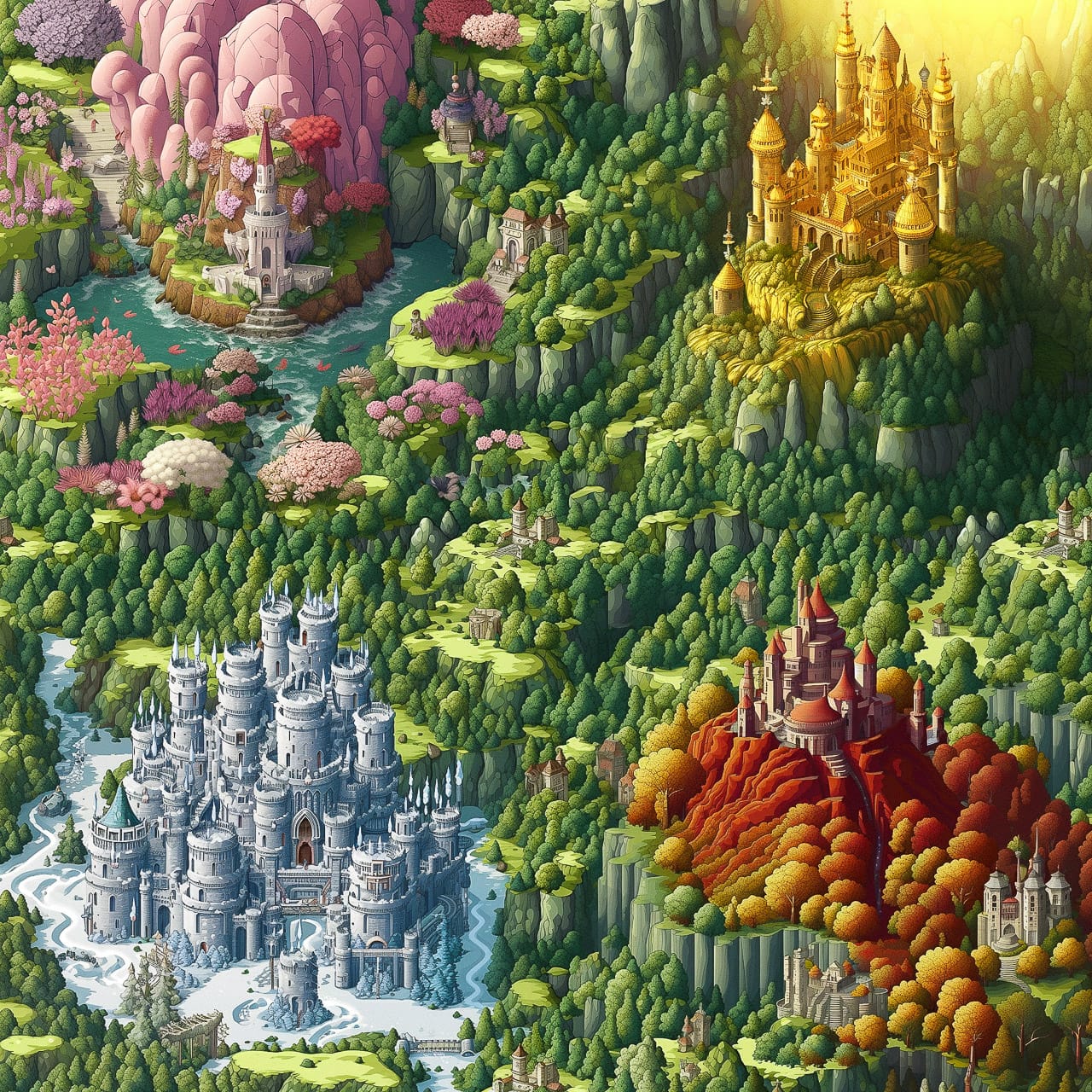 Pixel art isometric view fantasy forest kingdom with castles, mountains, rivers using Midjourney prompt --tile --v 5.2 --style raw.