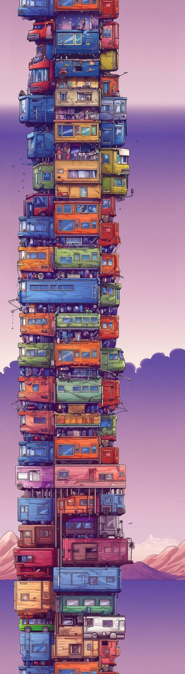 Midjourney prompt for stacked colorful containers, showcasing Super-Tiling technique, high-resolution artwork, ideal for expansive visuals and poster prints.