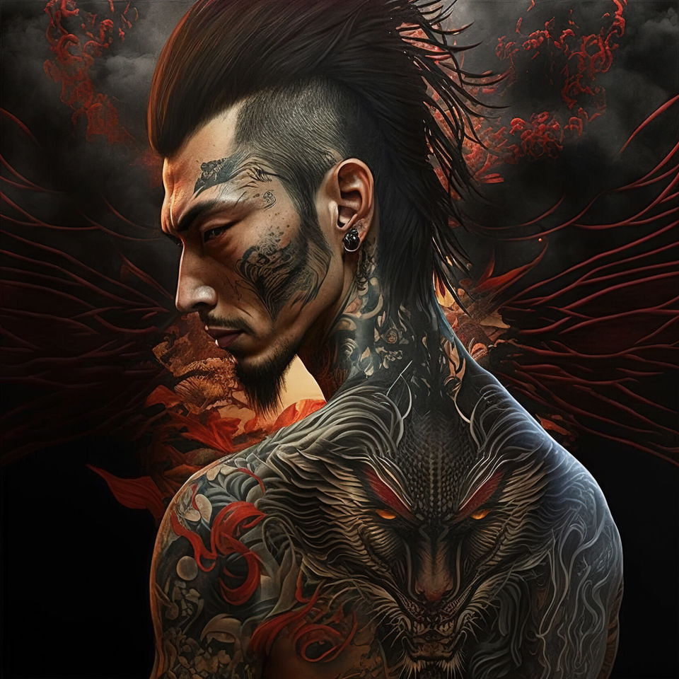 Yakuza style tattoo design generated with Midjourney prompt techniques, showcasing intricate details and artistic influences.