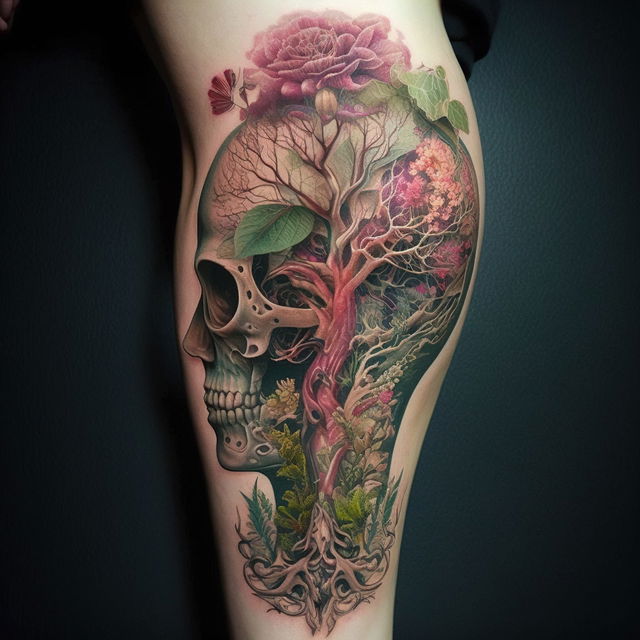 Anatomical tattoo design featuring skull, tree, flowers, and roots, showcasing Midjourney prompt engineering techniques.