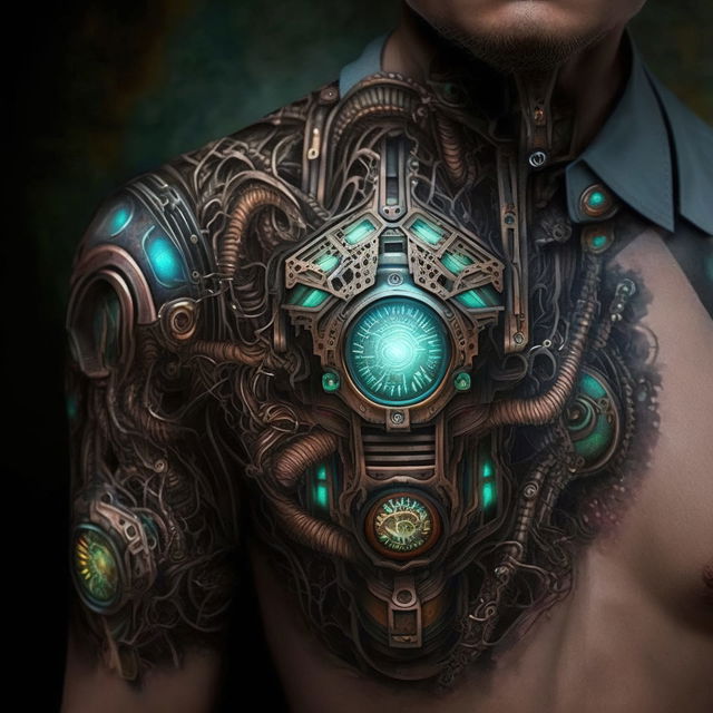 Bio Mechanic tattoo design showcasing Midjourney prompt engineering, intricate details, artistic influences, and version 4 capabilities.