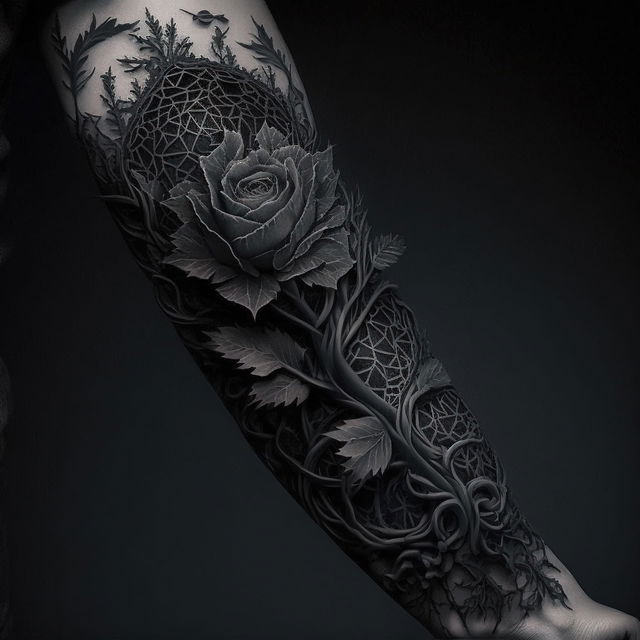 Blackwork tattoo design featuring rose and intricate foliage, showcasing Midjourney prompt engineering techniques.