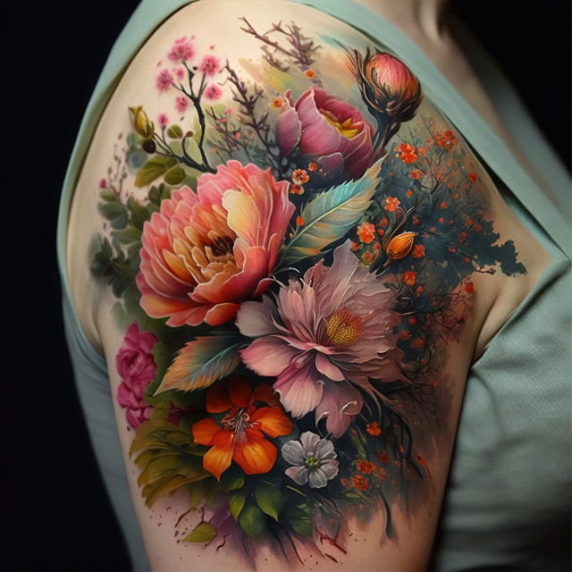Floral tattoo design showcasing Midjourney prompt engineering techniques, artistic influences, and version 4 capabilities.